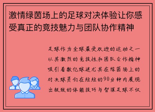 激情绿茵场上的足球对决体验让你感受真正的竞技魅力与团队协作精神
